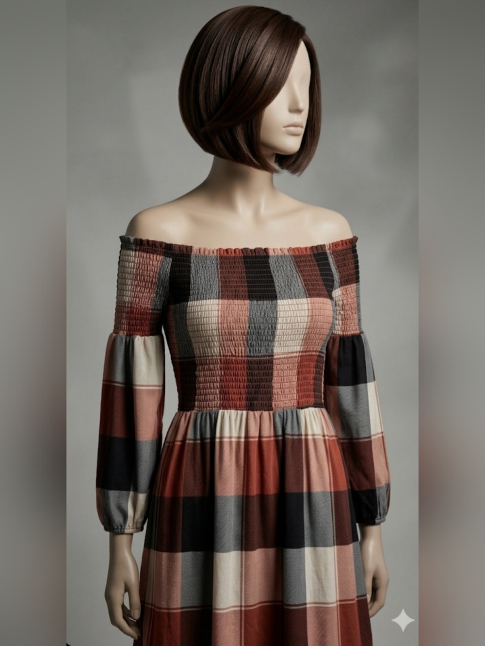 Smocked Off-Shoulder Mini Dress in Rust Plaid